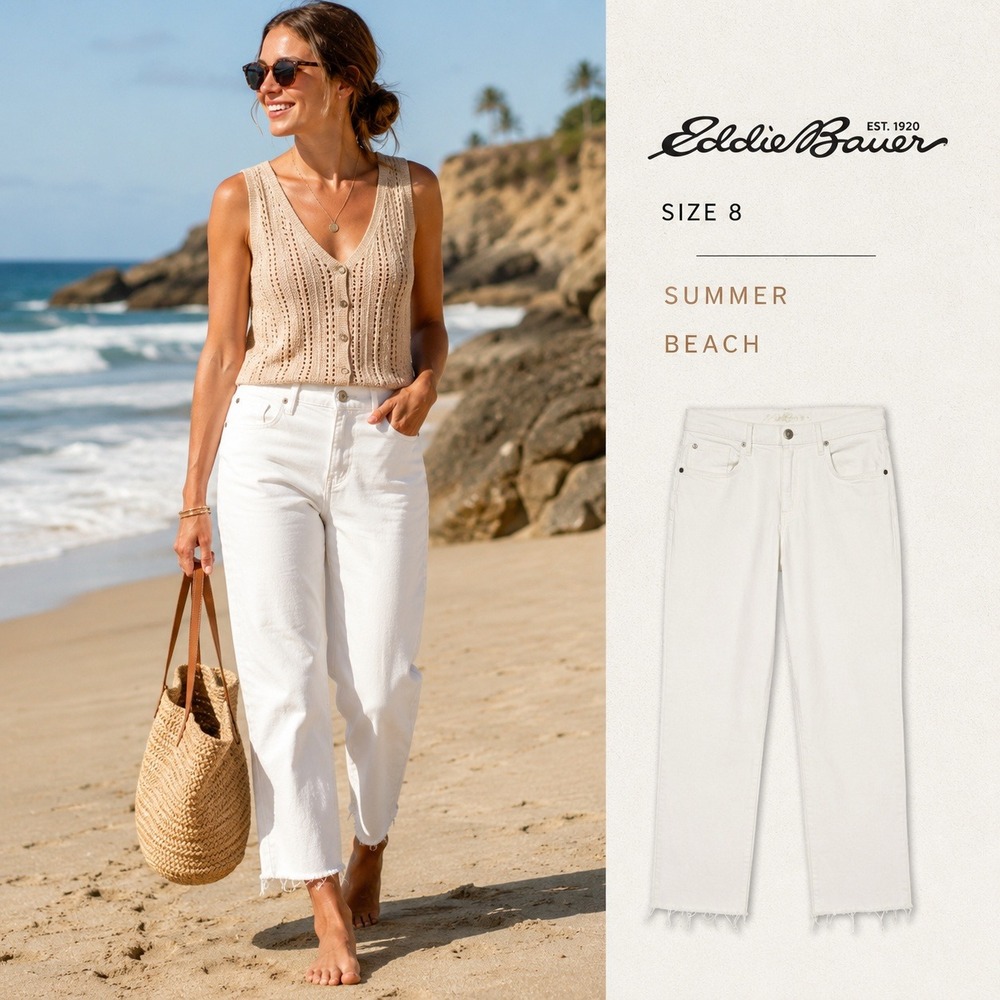 Eddie Bauer Stovepipe Crop Jeans Womens 8 White Curvy High Rise Raw Hem Coastal